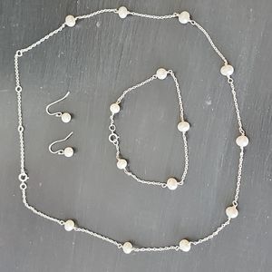 Sterling silver necklace, Bracelet and earrings set with pearls